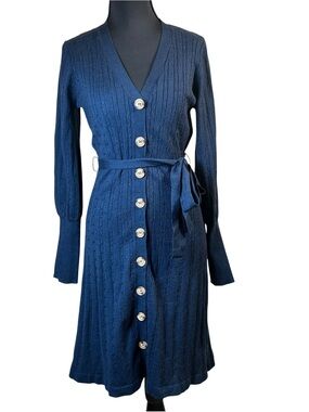 Lucky Brand Navy Knit Button Front Midi Dress Belted Small